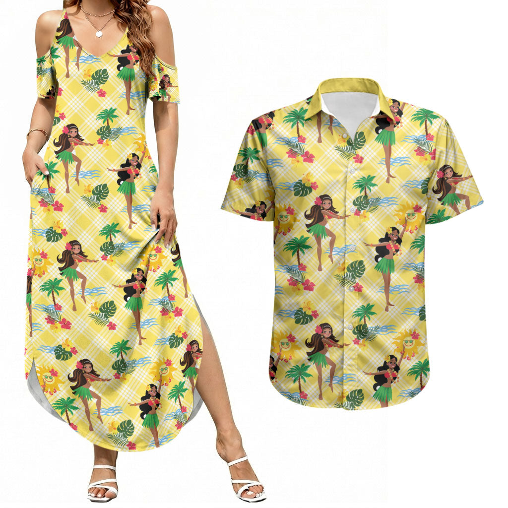 Hawaii Hula Girl Tropical Couples Matching Summer Maxi Dress and Hawaiian Shirt Yellow Palaka LT01 Yellow - Polynesian Pride