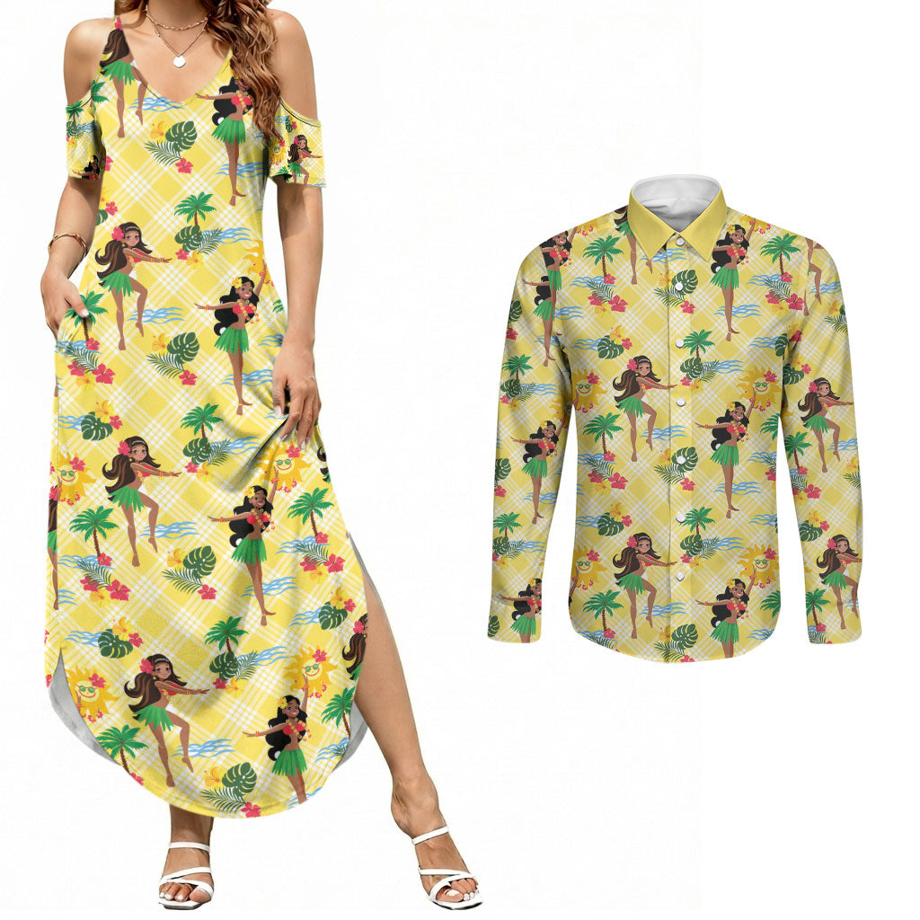 Hawaii Hula Girl Tropical Couples Matching Summer Maxi Dress and Long Sleeve Button Shirt Yellow Palaka LT01 Yellow - Polynesian Pride