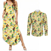 Hawaii Hula Girl Tropical Couples Matching Summer Maxi Dress and Long Sleeve Button Shirt Yellow Palaka LT01 Yellow - Polynesian Pride