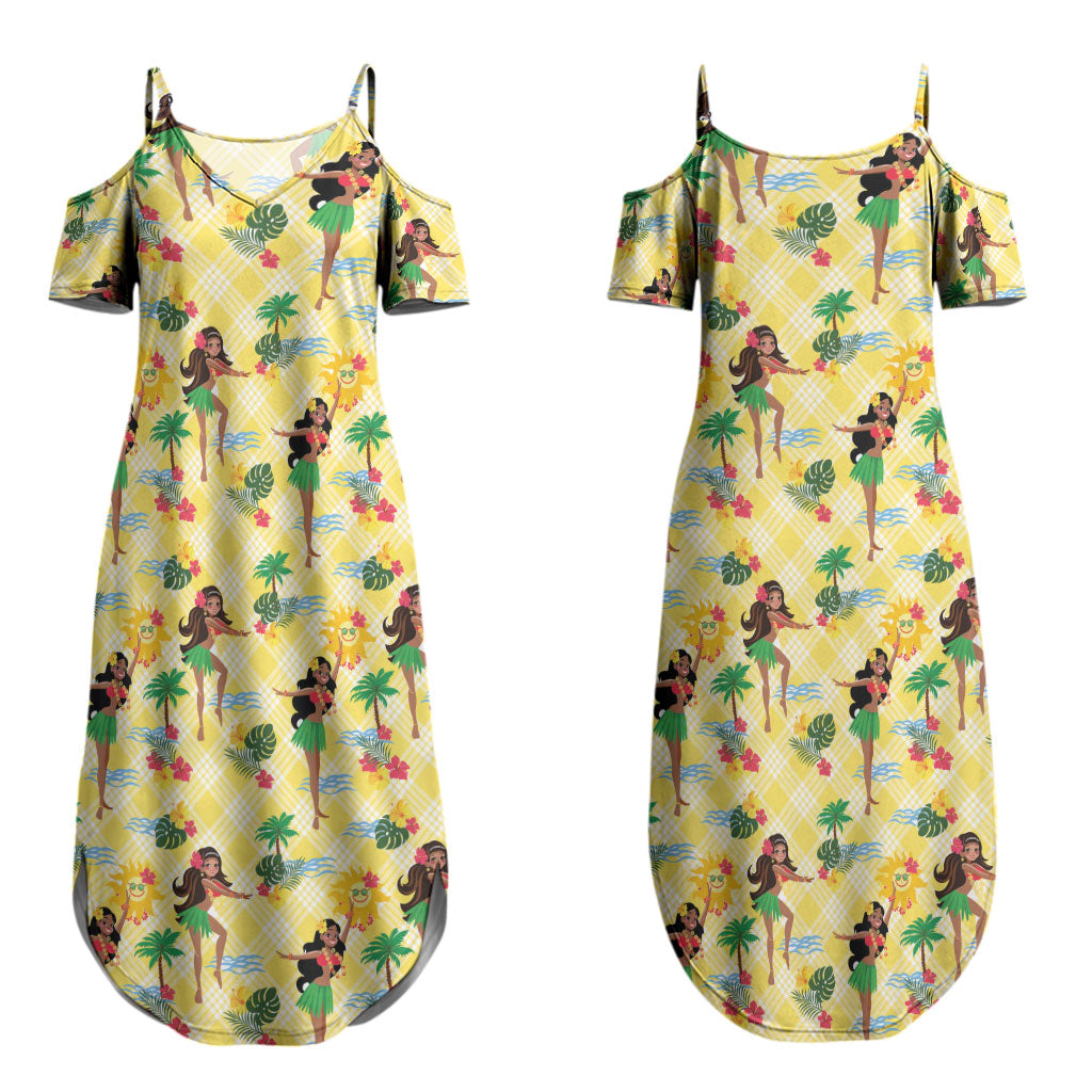Hawaii Hula Girl Tropical Couples Matching Summer Maxi Dress and Long Sleeve Button Shirt Yellow Palaka LT01 - Polynesian Pride
