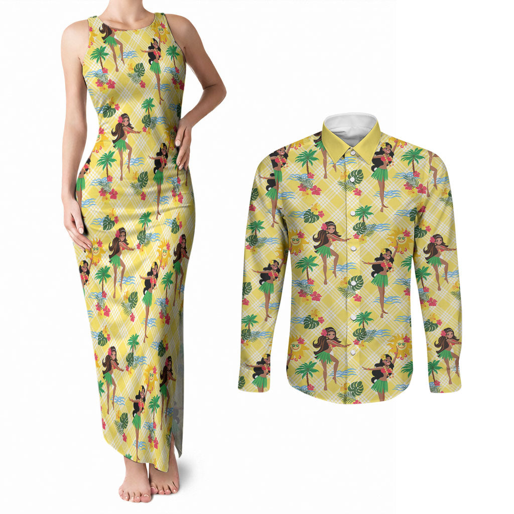 Hawaii Hula Girl Tropical Couples Matching Tank Maxi Dress and Long Sleeve Button Shirt Yellow Palaka LT01 Yellow - Polynesian Pride
