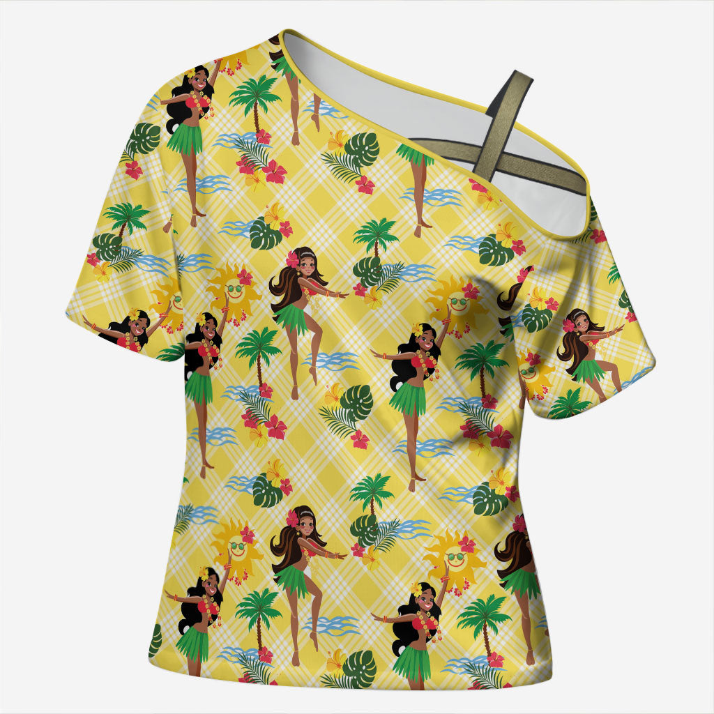 Hawaii Hula Girl Tropical Cross Shoulder Shirt Yellow Palaka LT01 Female Yellow - Polynesian Pride