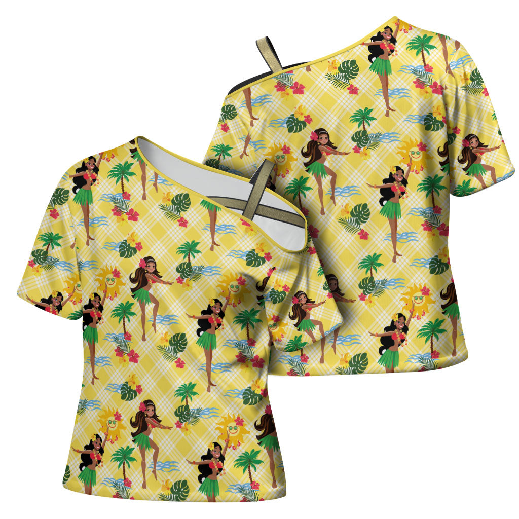 Hawaii Hula Girl Tropical Cross Shoulder Shirt Yellow Palaka LT01 - Polynesian Pride