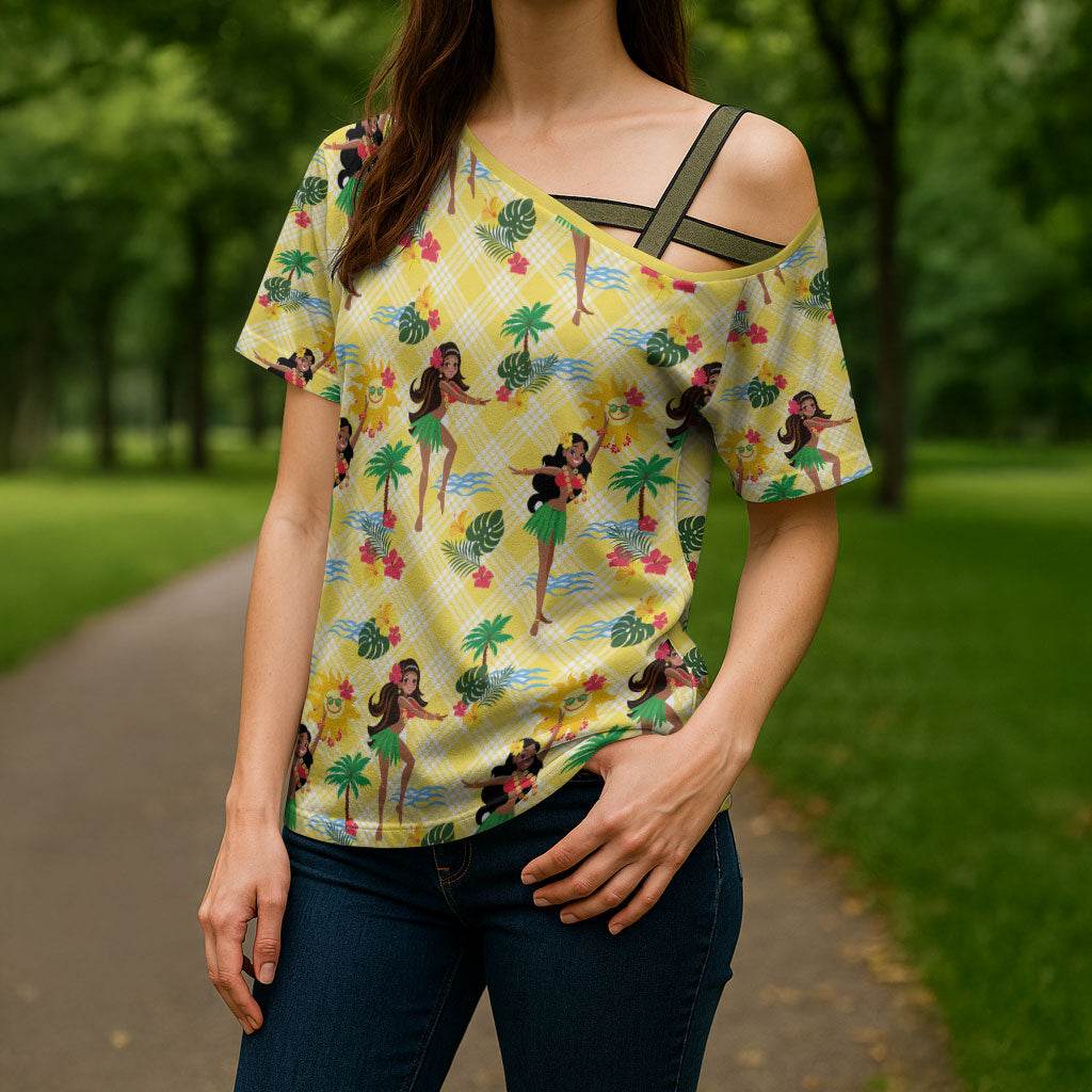 Hawaii Hula Girl Tropical Cross Shoulder Shirt Yellow Palaka LT01 - Polynesian Pride