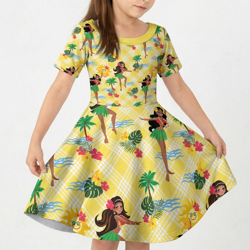 Hawaii Hula Girl Tropical Kid Short Sleeve Dress Yellow Palaka LT01 KID Yellow - Polynesian Pride