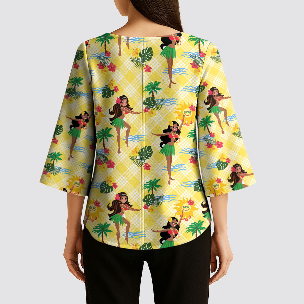 Hawaii Hula Girl Tropical Kimono Sleeve Blouse Yellow Palaka LT01 - Polynesian Pride