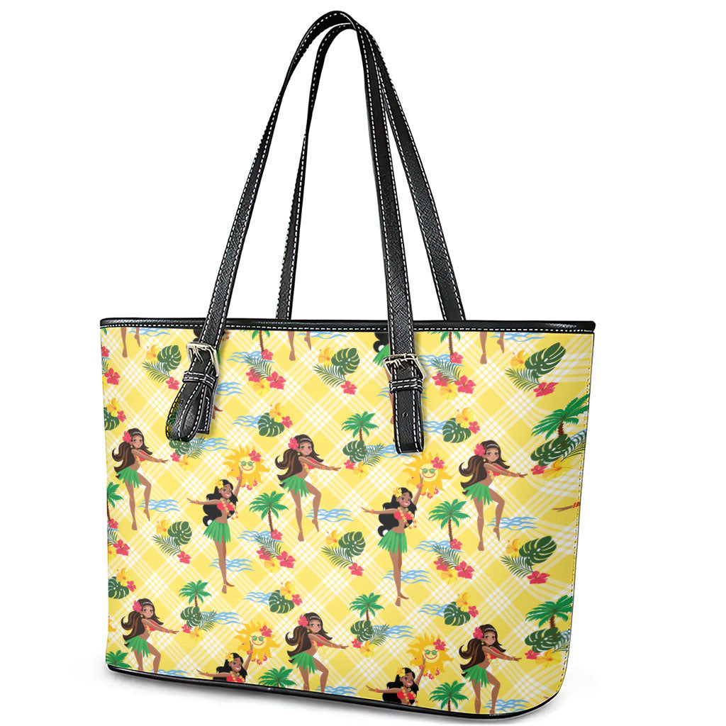 Hawaii Hula Girl Tropical Leather Tote Bag Yellow Palaka LT01 - Polynesian Pride