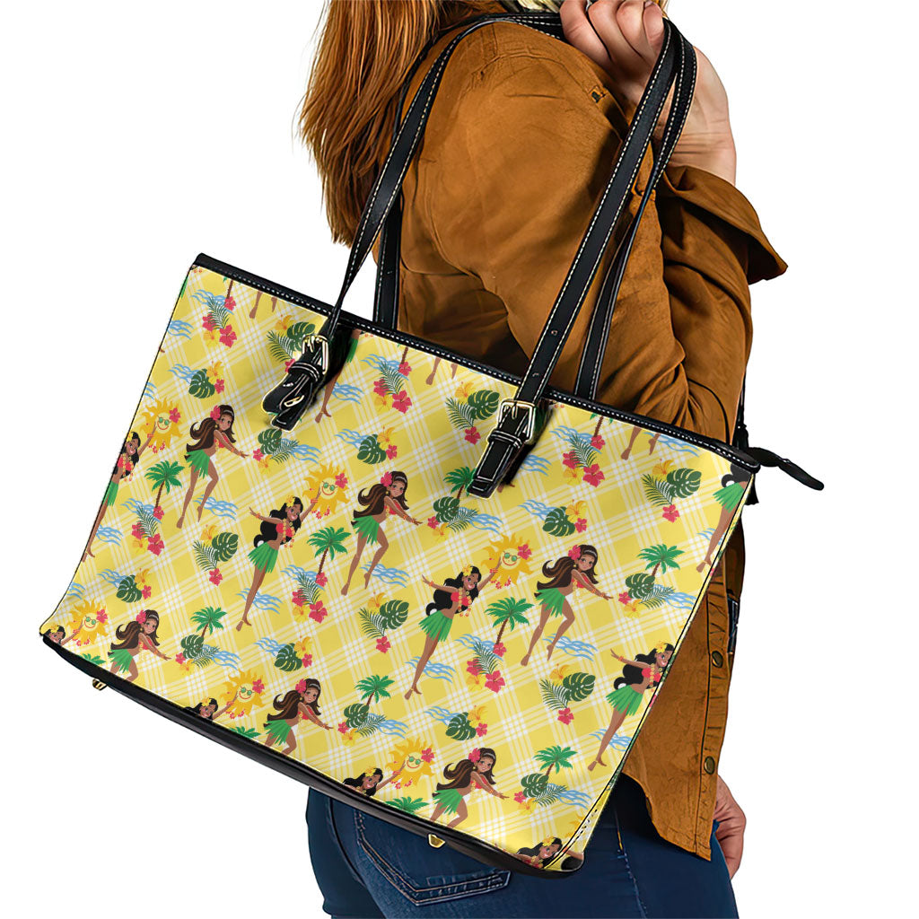 Hawaii Hula Girl Tropical Leather Tote Bag Yellow Palaka LT01 - Polynesian Pride