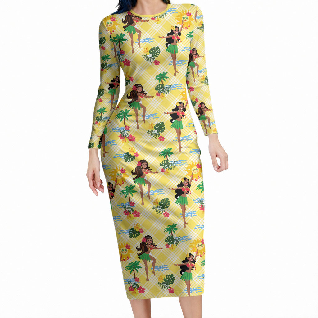Hawaii Hula Girl Tropical Long Sleeve Bodycon Dress Yellow Palaka LT01 Long Dress Yellow - Polynesian Pride
