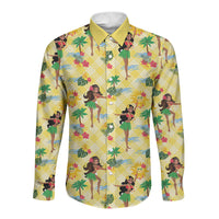 Hawaii Hula Girl Tropical Long Sleeve Button Shirt Yellow Palaka LT01 Unisex Yellow - Polynesian Pride