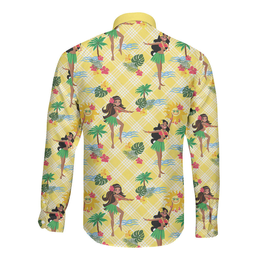 Hawaii Hula Girl Tropical Long Sleeve Button Shirt Yellow Palaka LT01 - Polynesian Pride