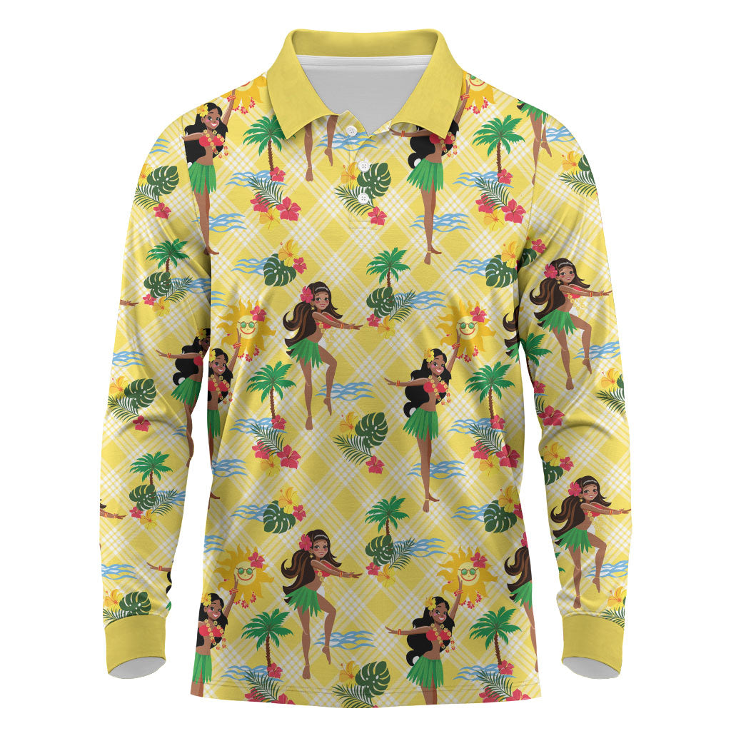 Hawaii Hula Girl Tropical Long Sleeve Polo Shirt Yellow Palaka LT01 Yellow - Polynesian Pride