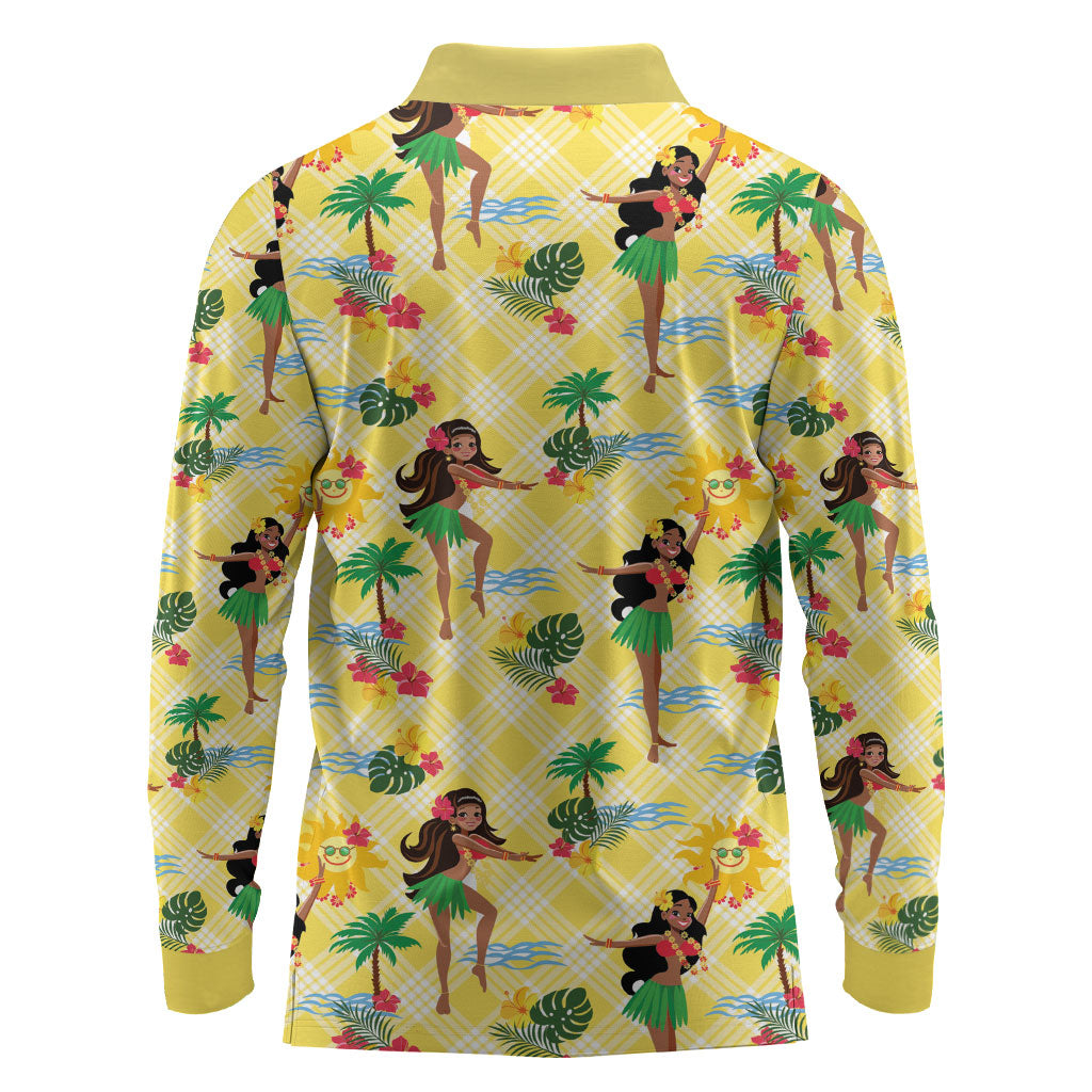 Hawaii Hula Girl Tropical Long Sleeve Polo Shirt Yellow Palaka LT01 - Polynesian Pride