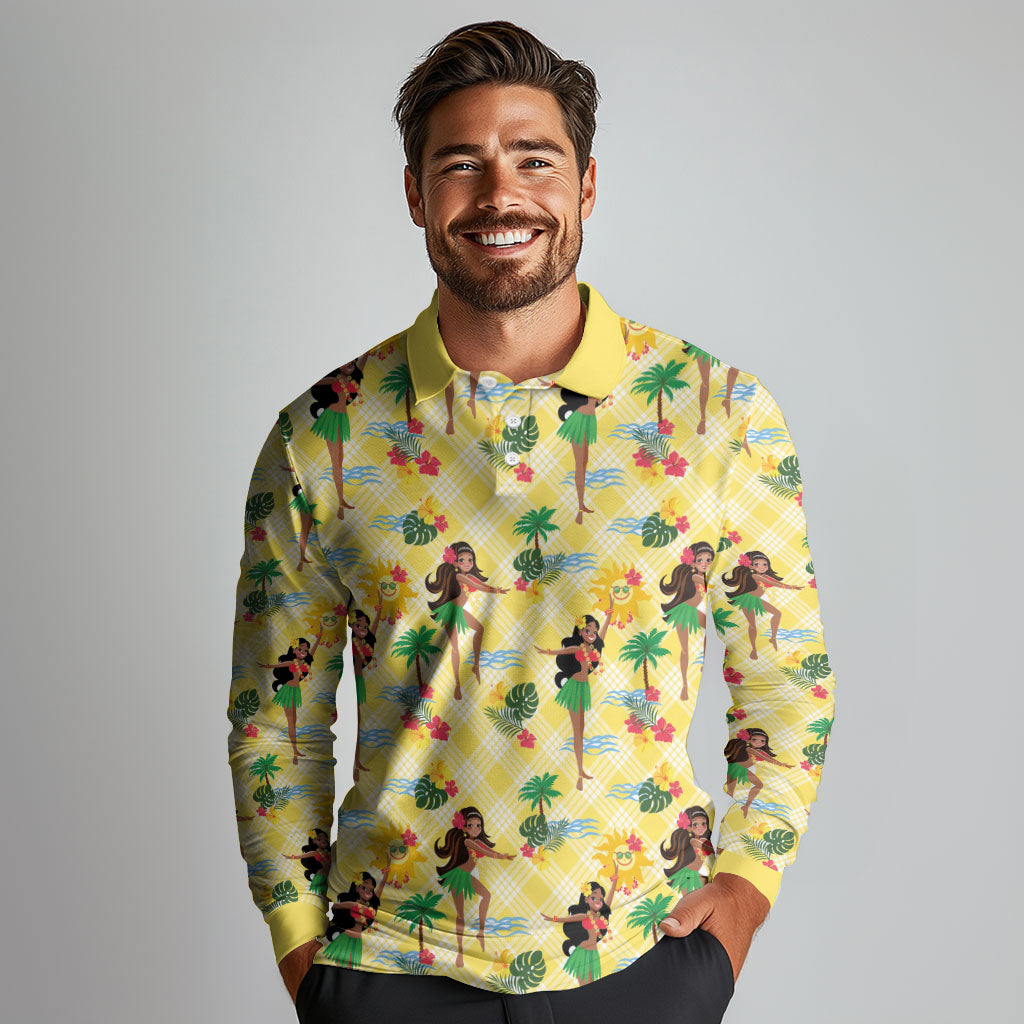 Hawaii Hula Girl Tropical Long Sleeve Polo Shirt Yellow Palaka LT01 - Polynesian Pride