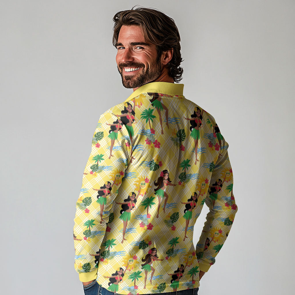 Hawaii Hula Girl Tropical Long Sleeve Polo Shirt Yellow Palaka LT01 - Polynesian Pride