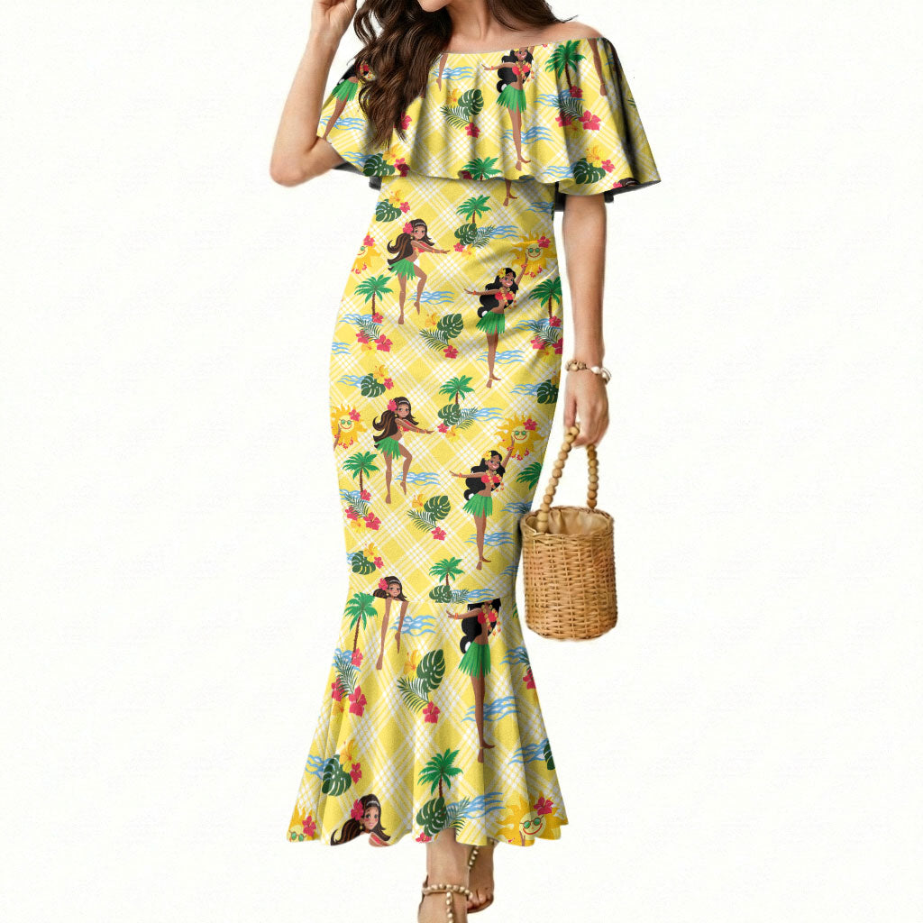 Hawaii Hula Girl Tropical Mermaid Dress Yellow Palaka LT01 Women Yellow - Polynesian Pride