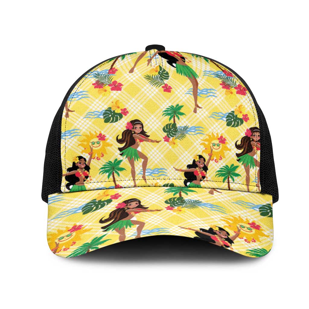 Hawaii Hula Girl Tropical Mesh Trucker Cap Yellow Palaka LT01 One Size Black Yellow - Polynesian Pride