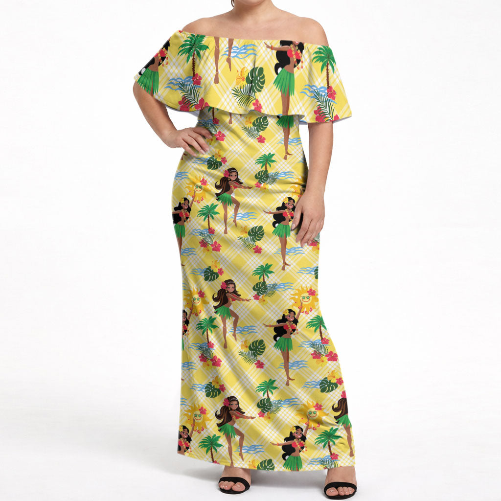 Hawaii Hula Girl Tropical Off Shoulder Maxi Dress Yellow Palaka LT01 Women Yellow - Polynesian Pride