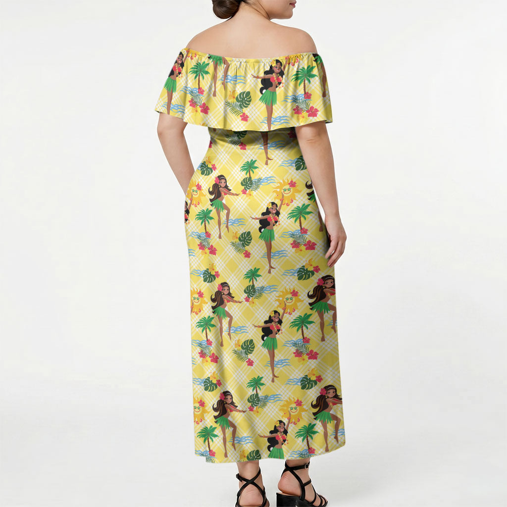 Hawaii Hula Girl Tropical Off Shoulder Maxi Dress Yellow Palaka LT01 - Polynesian Pride