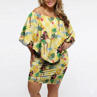 Hawaii Hula Girl Tropical Off Shoulder Short Dress Yellow Palaka LT01 Women Yellow - Polynesian Pride