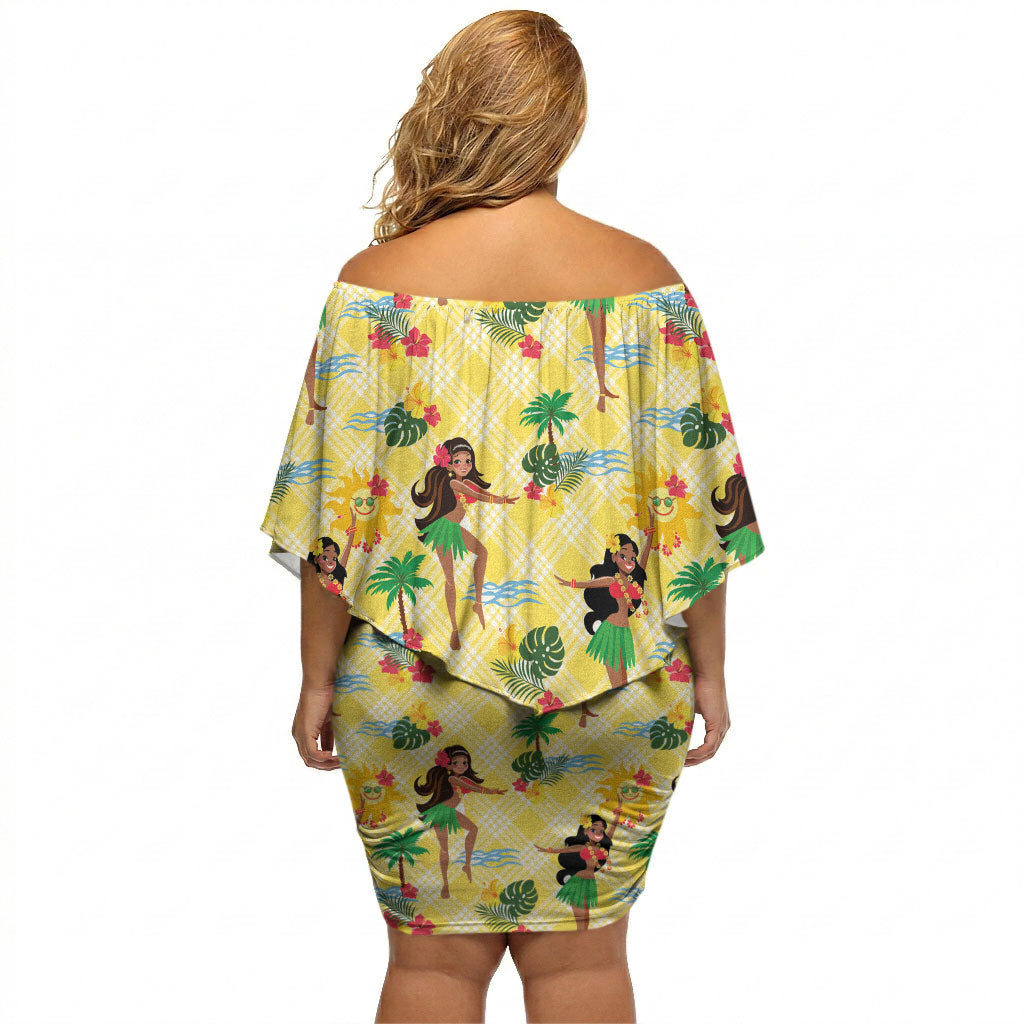 Hawaii Hula Girl Tropical Off Shoulder Short Dress Yellow Palaka LT01 - Polynesian Pride