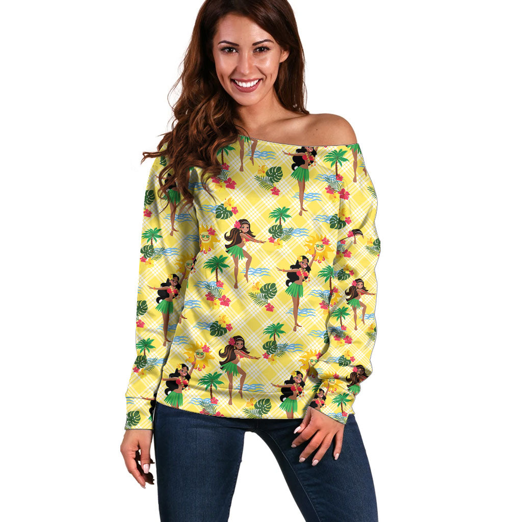 Hawaii Hula Girl Tropical Off Shoulder Sweater Yellow Palaka LT01 Women Yellow - Polynesian Pride
