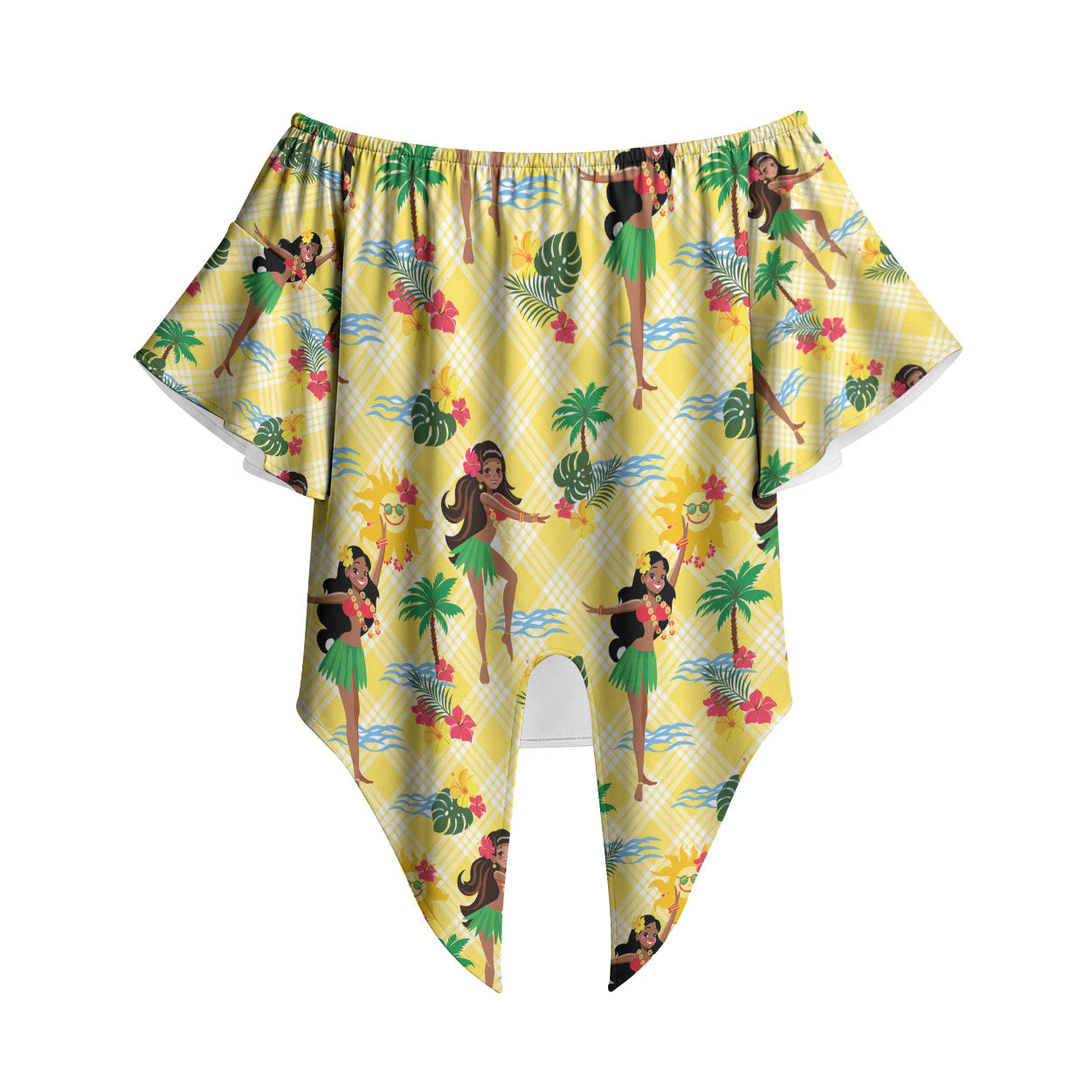 Hawaii Hula Girl Tropical Off Shoulder Wrap Waist Top Yellow Palaka LT01 Yellow - Polynesian Pride