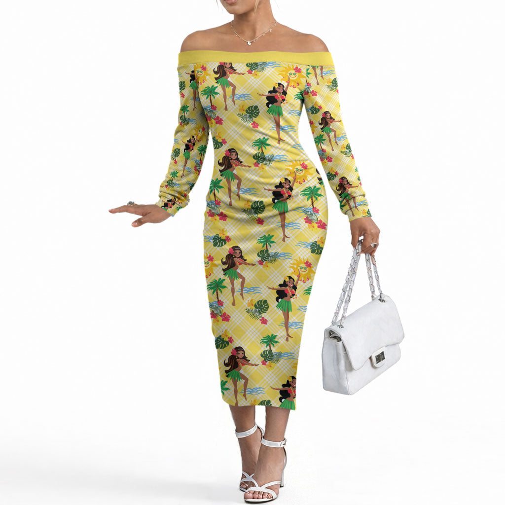 Hawaii Hula Girl Tropical Off The Shoulder Long Sleeve Dress Yellow Palaka LT01 Women Yellow - Polynesian Pride