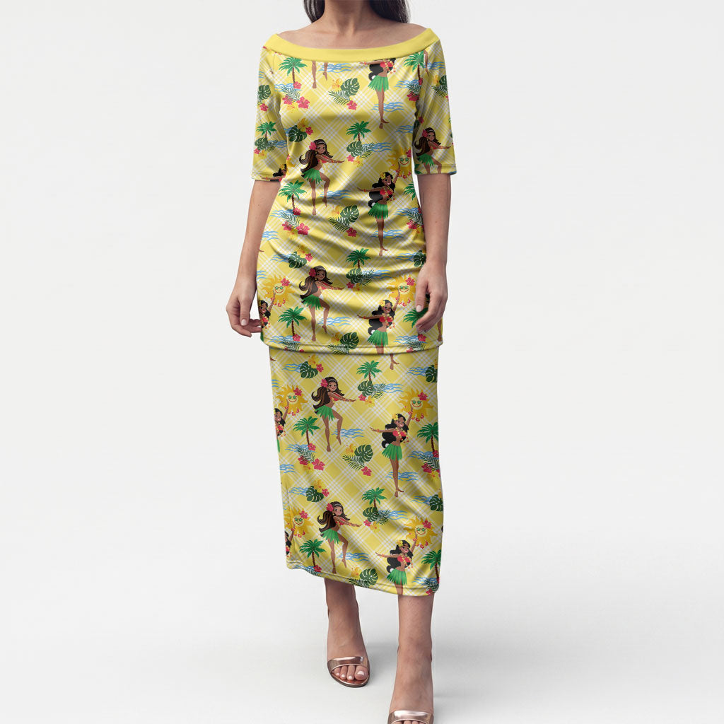 Hawaii Hula Girl Tropical Puletasi Yellow Palaka LT01 Long Dress Yellow - Polynesian Pride