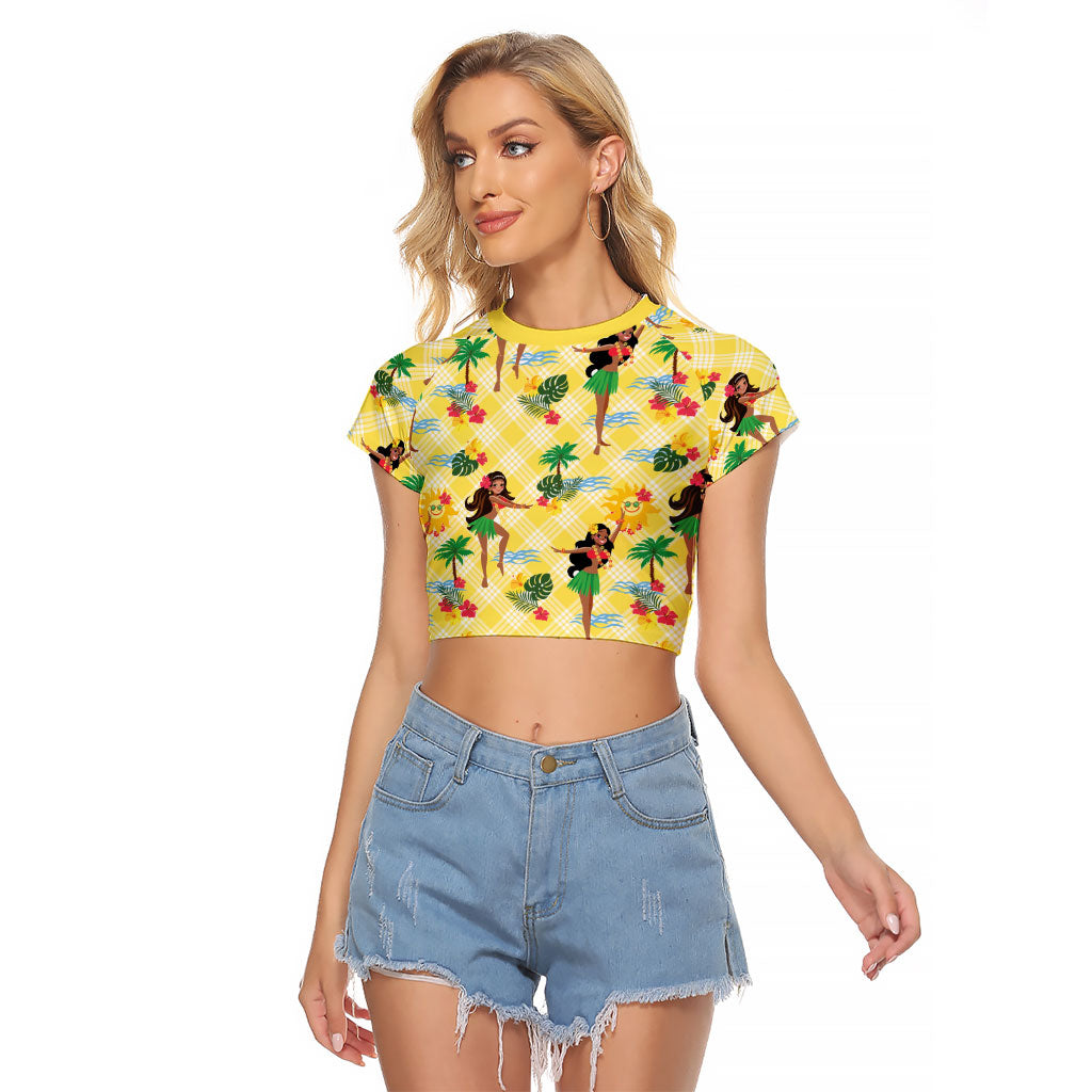 Hawaii Hula Girl Tropical Raglan Cropped T Shirt Yellow Palaka LT01 Female Yellow - Polynesian Pride