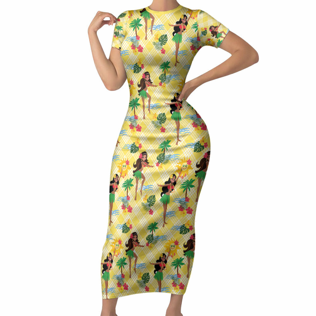 Hawaii Hula Girl Tropical Short Sleeve Bodycon Dress Yellow Palaka LT01 Long Dress Yellow - Polynesian Pride