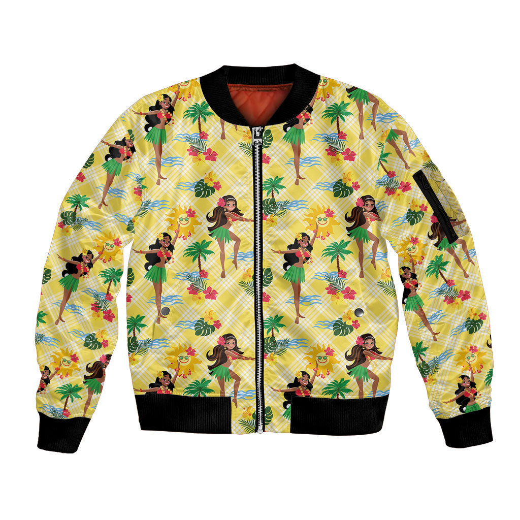 Hawaii Hula Girl Tropical Sleeve Zip Bomber Jacket Yellow Palaka LT01 Unisex Yellow - Polynesian Pride
