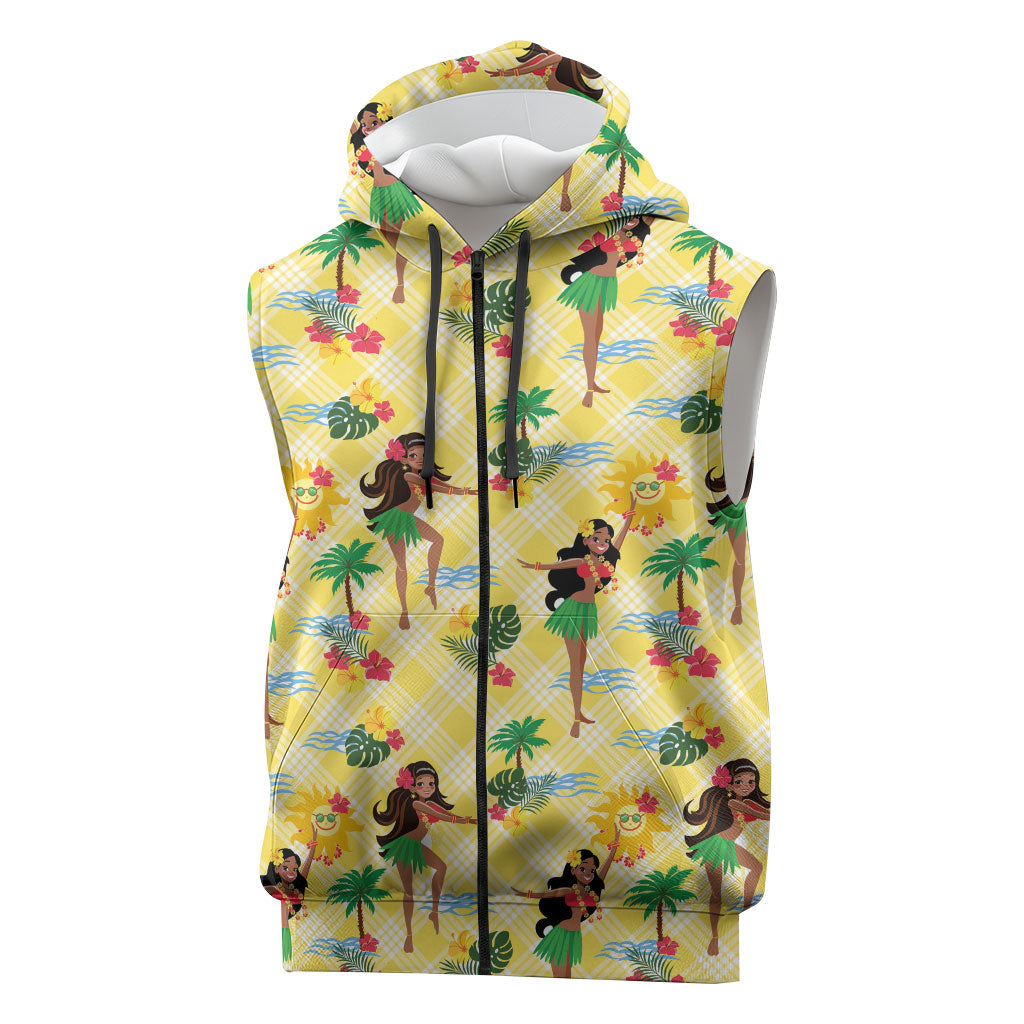 Hawaii Hula Girl Tropical Sleeveless Zip Hoodie Yellow Palaka LT01 Yellow - Polynesian Pride