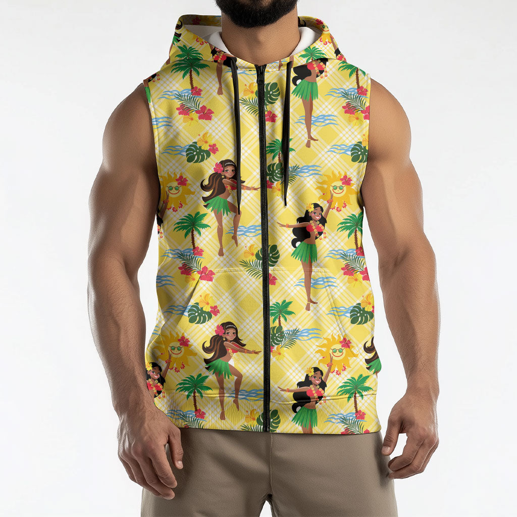 Hawaii Hula Girl Tropical Sleeveless Zip Hoodie Yellow Palaka LT01 - Polynesian Pride