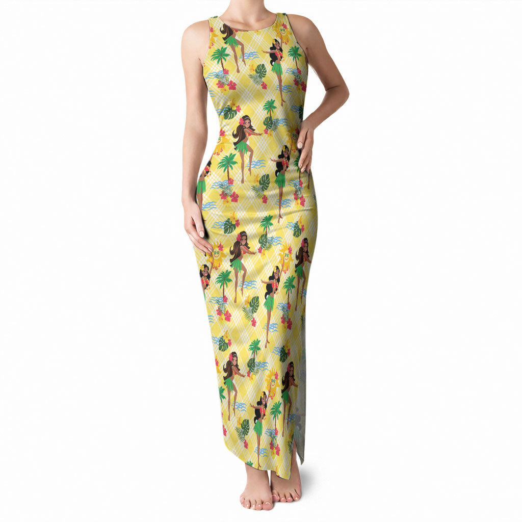 Hawaii Hula Girl Tropical Tank Maxi Dress Yellow Palaka LT01 Women Yellow - Polynesian Pride