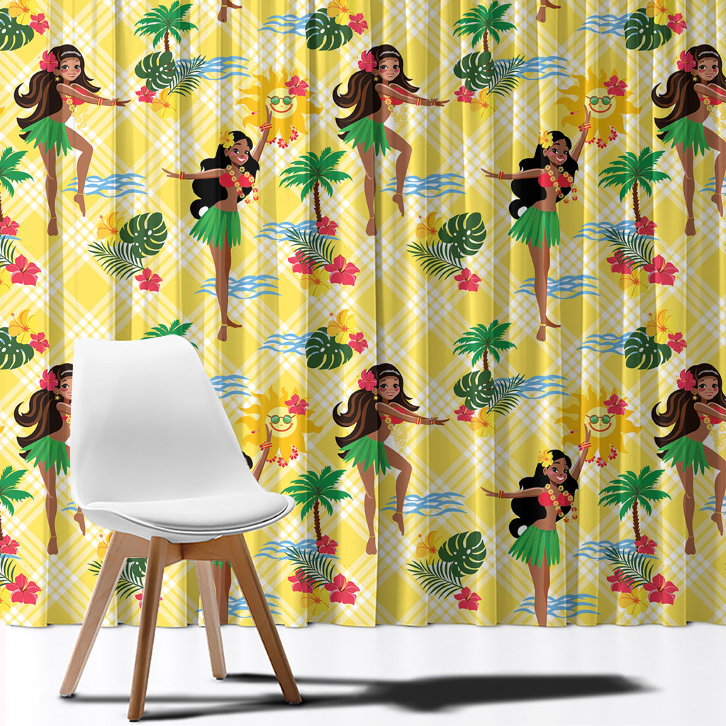 Hawaii Hula Girl Tropical Window Curtain Yellow Palaka LT01 - Polynesian Pride