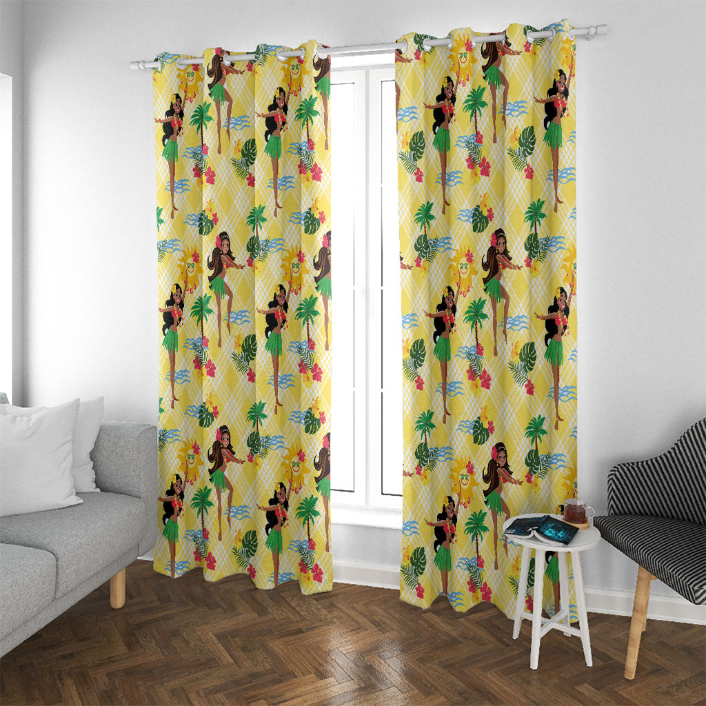 Hawaii Hula Girl Tropical Window Curtain Yellow Palaka LT01 With Grommets Yellow - Polynesian Pride