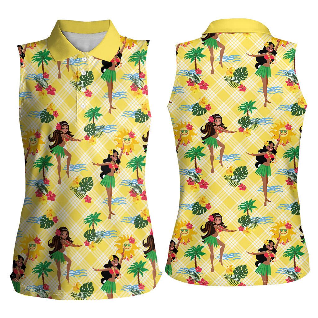 Hawaii Hula Girl Tropical Women Sleeveless Polo Shirt Yellow Palaka LT01 - Polynesian Pride
