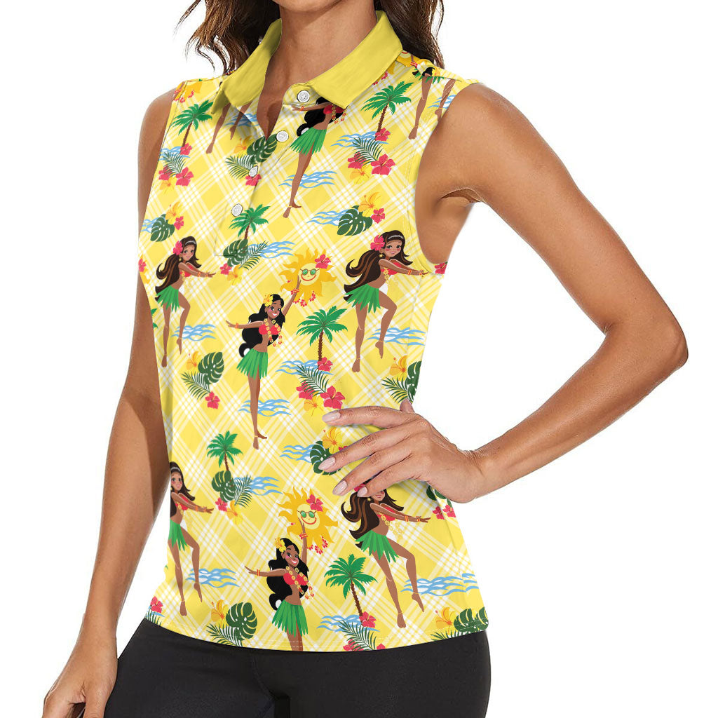 Hawaii Hula Girl Tropical Women Sleeveless Polo Shirt Yellow Palaka LT01 - Polynesian Pride