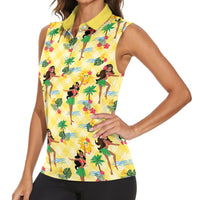 Hawaii Hula Girl Tropical Women Sleeveless Polo Shirt Yellow Palaka LT01 - Polynesian Pride