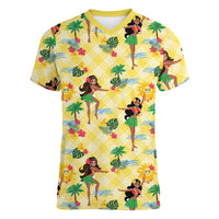 Hawaii Hula Girl Tropical Women V-Neck T-Shirt Yellow Palaka LT01 Female Yellow - Polynesian Pride