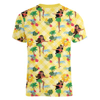 Hawaii Hula Girl Tropical Women V-Neck T-Shirt Yellow Palaka LT01 - Polynesian Pride