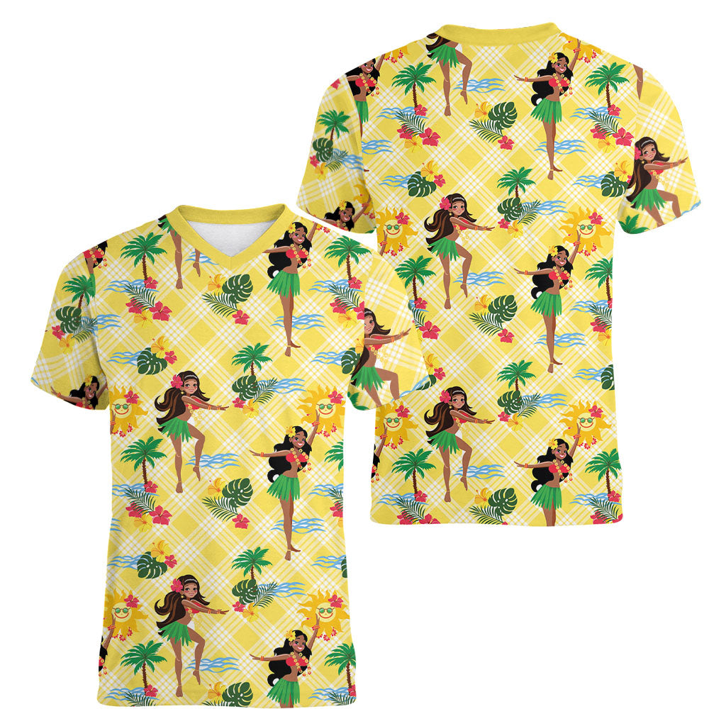 Hawaii Hula Girl Tropical Women V-Neck T-Shirt Yellow Palaka LT01 - Polynesian Pride