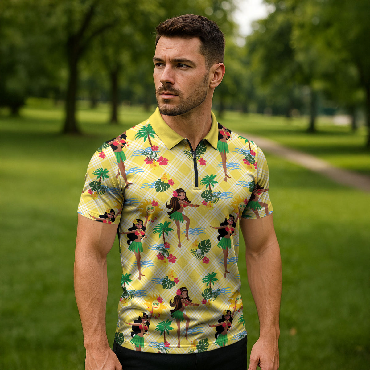 Hawaii Hula Girl Tropical Zipper Polo Shirt Yellow Palaka LT01 - Polynesian Pride