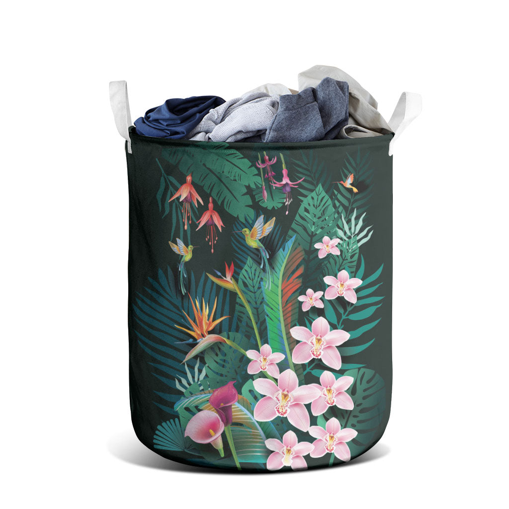 Hawaii Hummingbird Tropical Flowers Laundry Basket Dark Green LT01 - Polynesian Pride