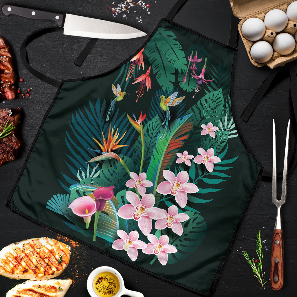 Hawaii Hummingbird Tropical Flowers Apron Dark Green LT01 Green - Polynesian Pride