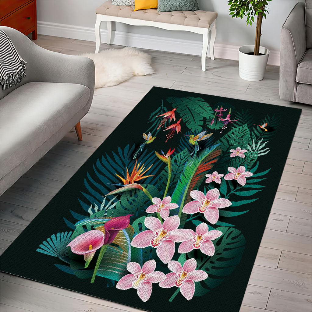 Hawaii Hummingbird Tropical Flowers Area Rug Dark Green LT01 - Polynesian Pride