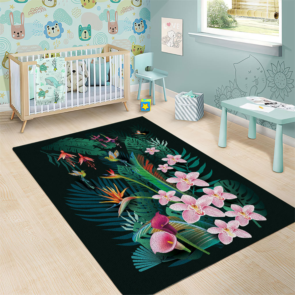 Hawaii Hummingbird Tropical Flowers Area Rug Dark Green LT01 - Polynesian Pride