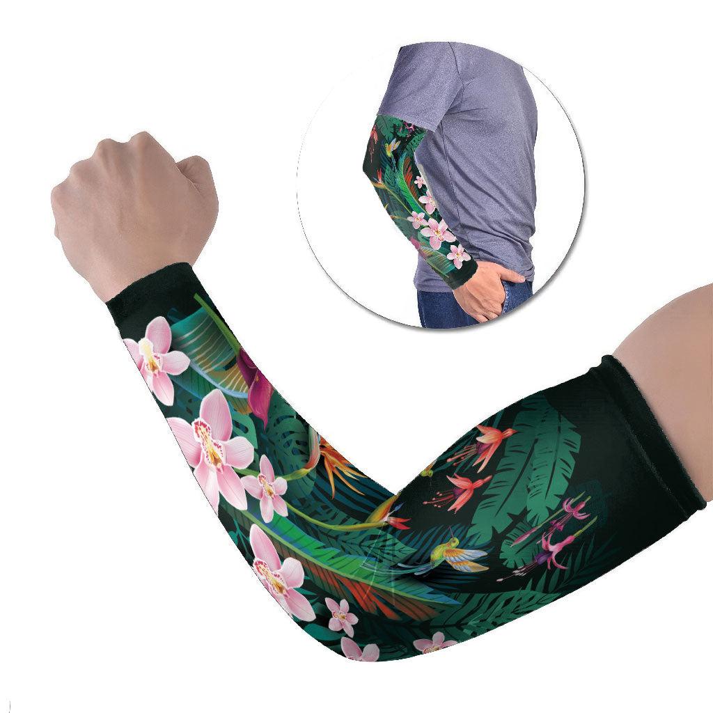 Hawaii Hummingbird Tropical Flowers Arm Sleeves Dark Green LT01 Set of 2 Green - Polynesian Pride
