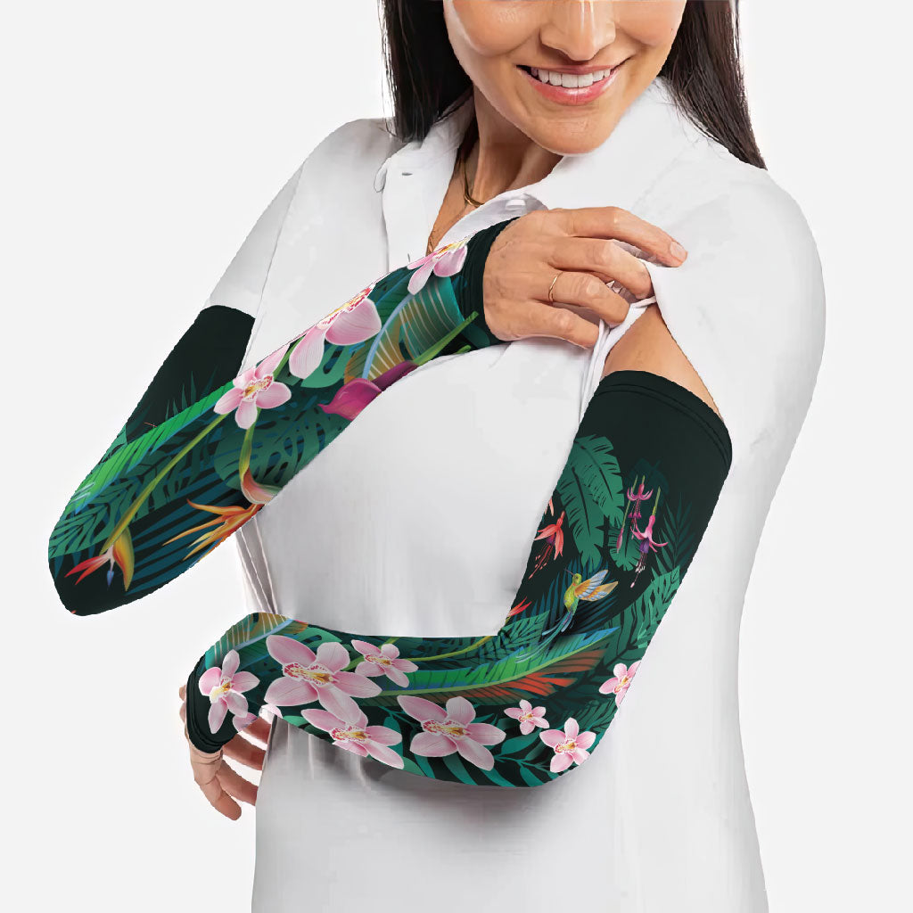 Hawaii Hummingbird Tropical Flowers Arm Sleeves Dark Green LT01 - Polynesian Pride